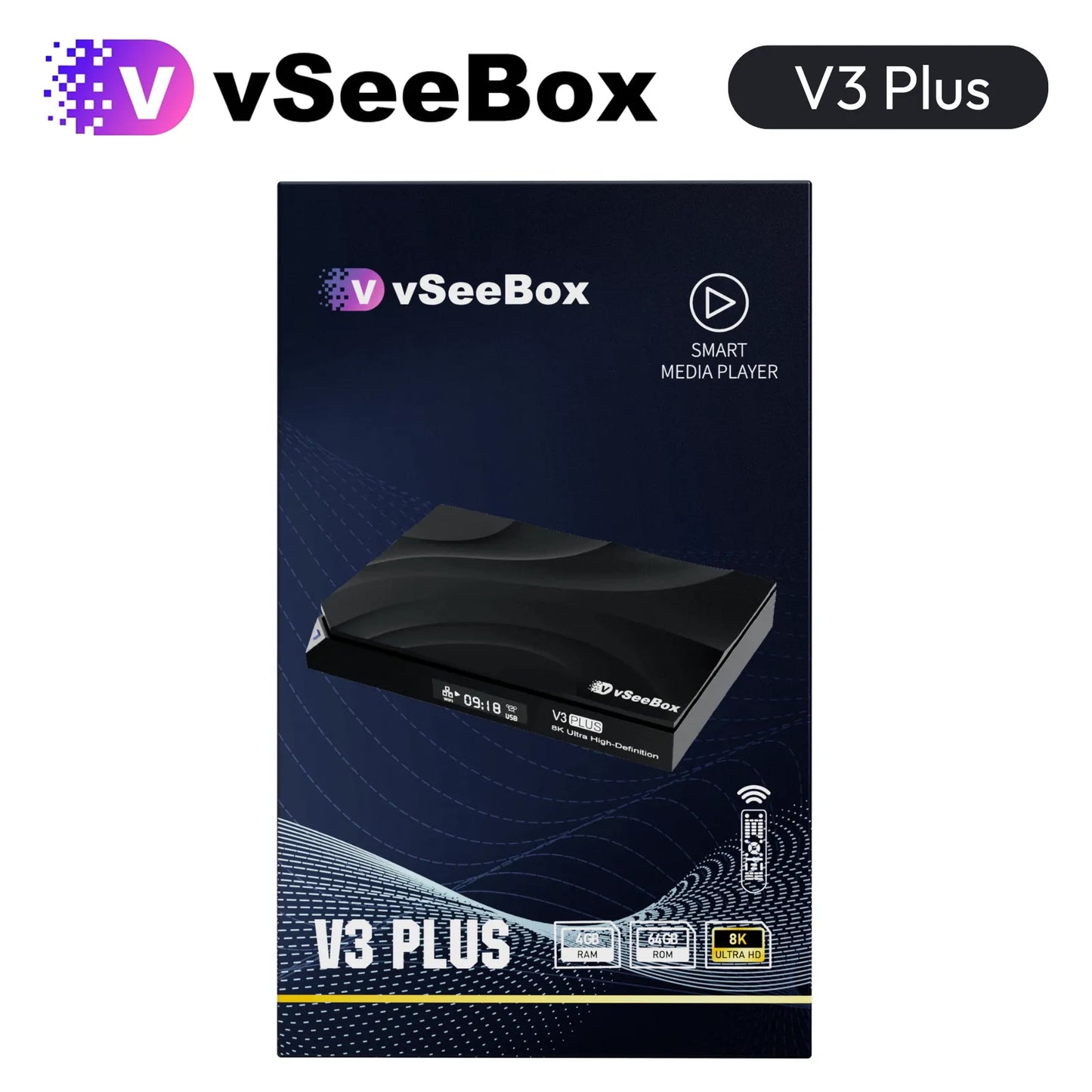 vSeeBox V3 Plus Android TV Box – 8K streaming device front view