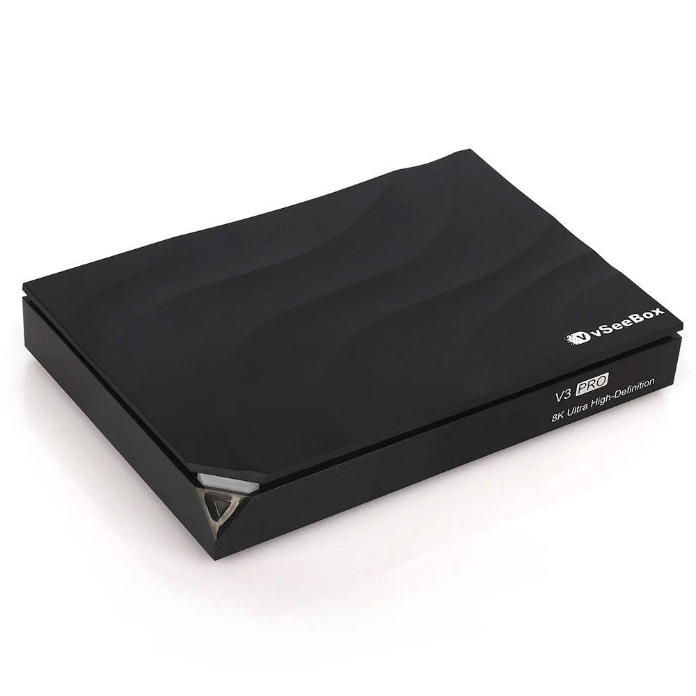 vSeeBox V3 Pro Android streaming box – angled view showcasing sleek design