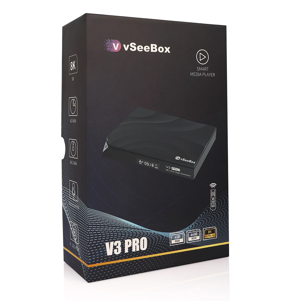 vSeeBox V3 Pro package contents – TV box, remote, cables, and user manual