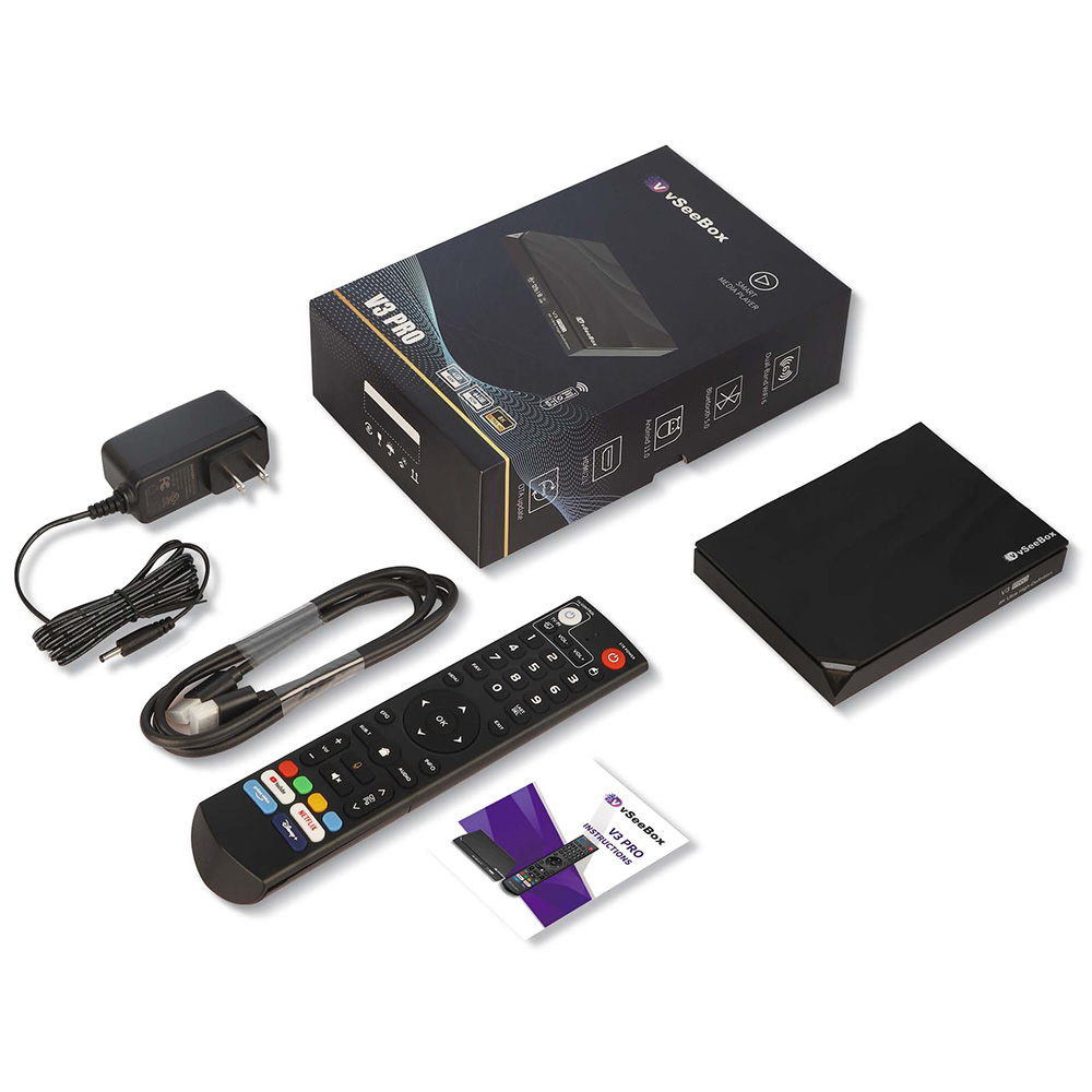 vSeeBox V3 Pro package contents – TV box, remote, cables, and user manual